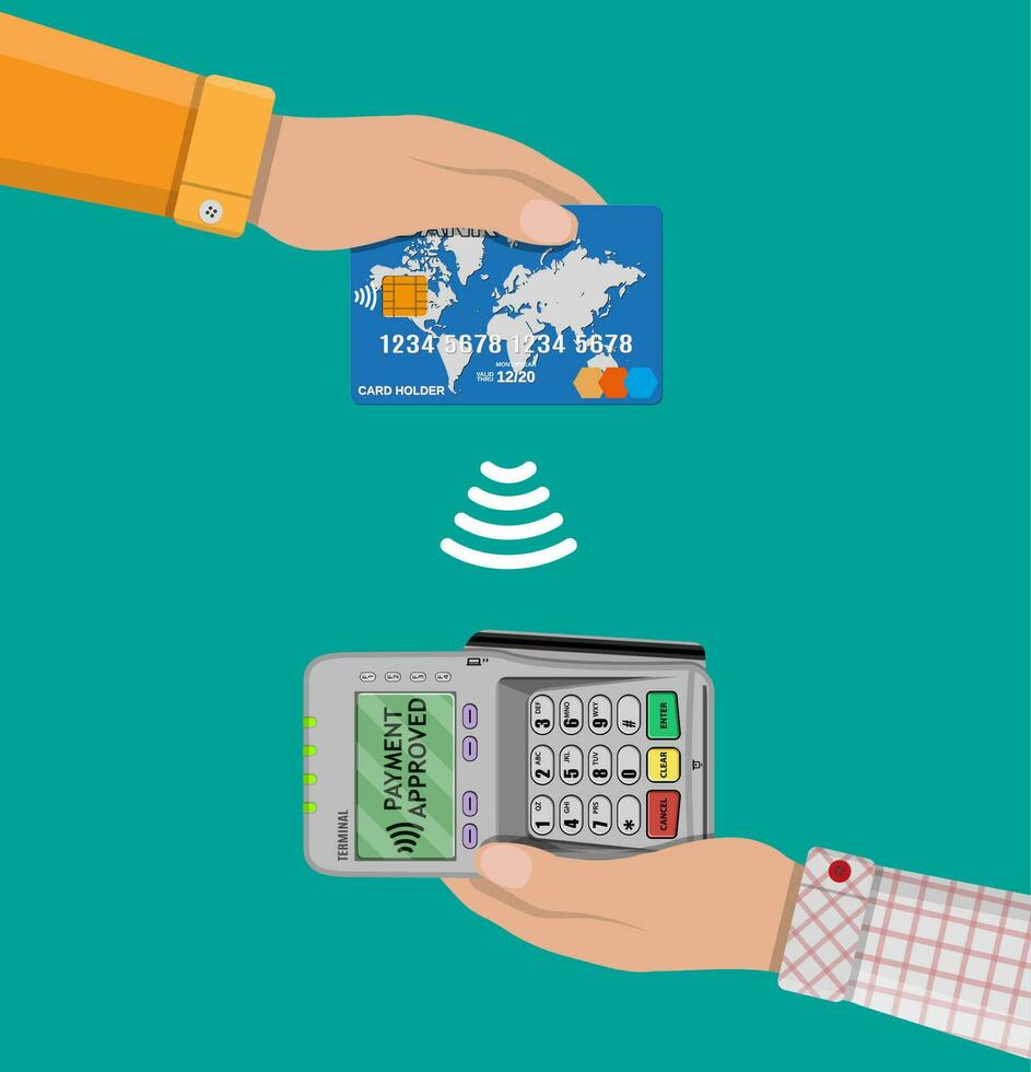 Pos terminal confirms the payment by bank card. nfc payments concept Vector illustration in flat design.