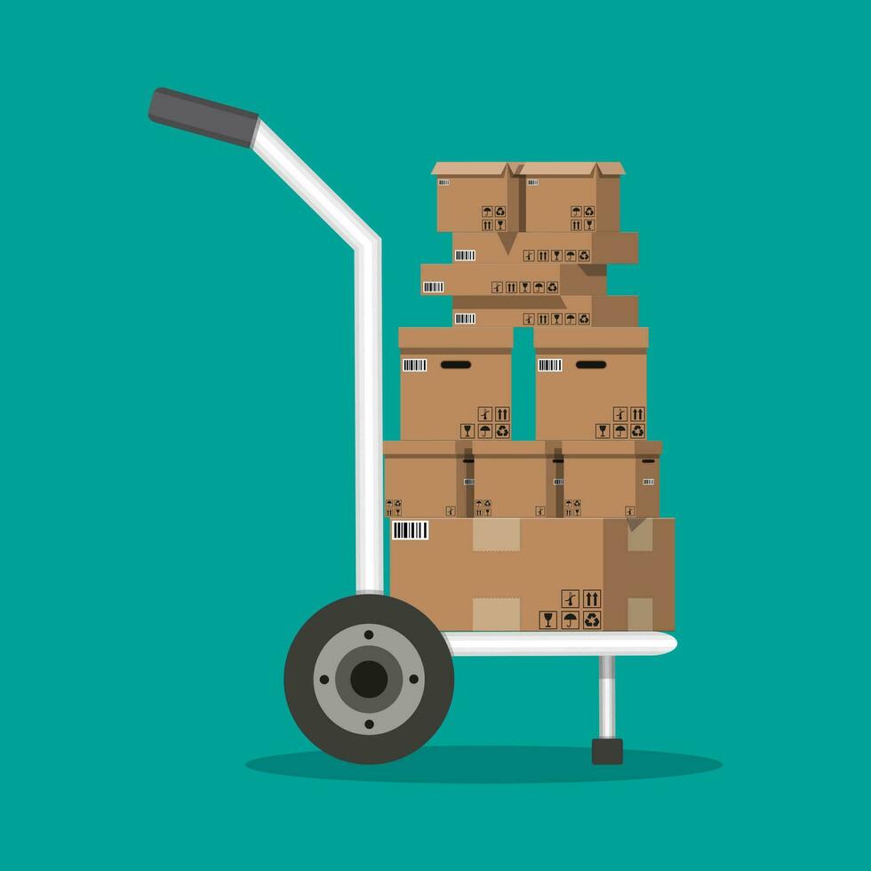 Pile cardboard boxes on a hand truck. Carton delivery packaging open and closed box with fragile signs. Vector illustration in flat style