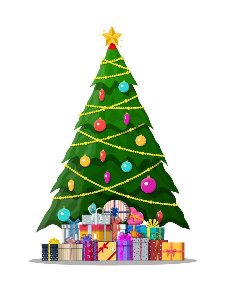 Christmas tree decorated with colorful balls, garland lights, golden star. Lots of gift boxes. Spruce, evergreen tree. Greeting card, festive poster. New year. Vector illustration in flat style