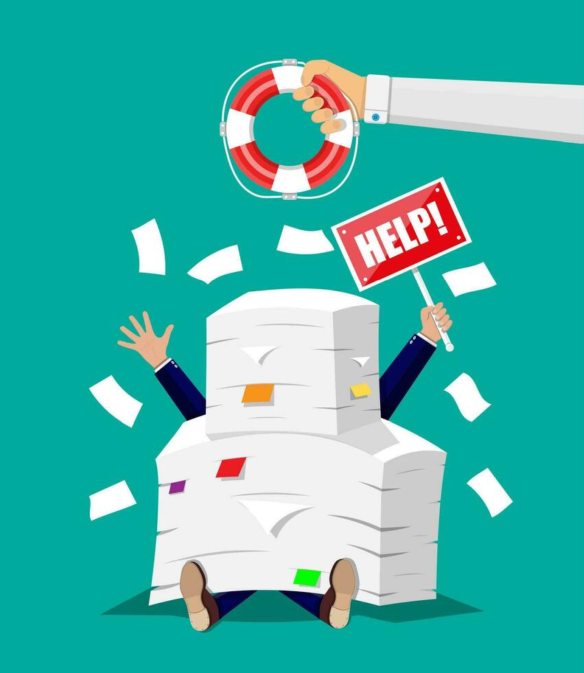 Stressed businessman under pile of office papers and documents and hand with lifebuoy. Stress at work. Overworked. File folders. Carton boxes. Bureaucracy, paperwork. Vector illustration in flat style