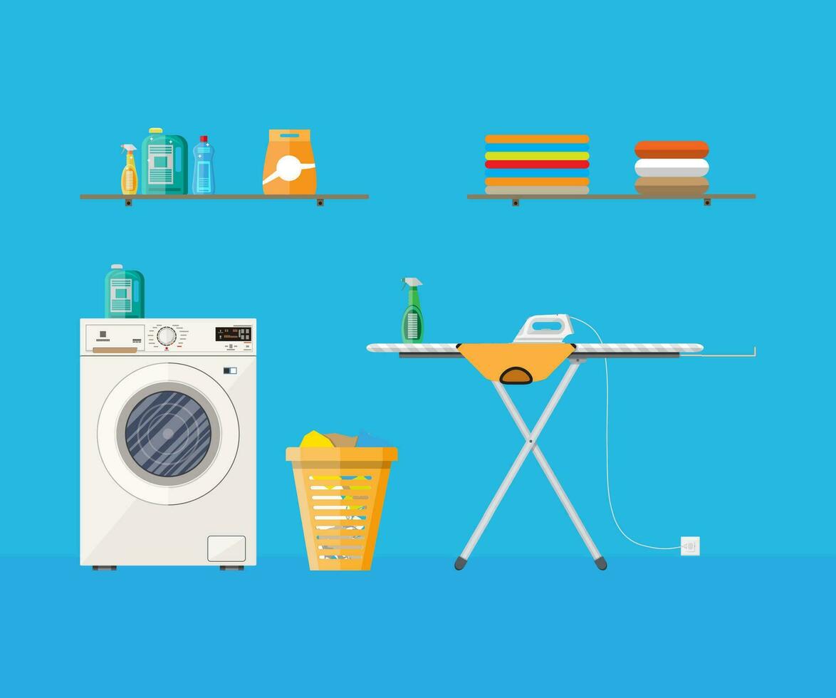 Laundry room with washing machine, ironing board, clothes rack, household chemistry cleaning, washing powder and basket. vector illustration in flat style
