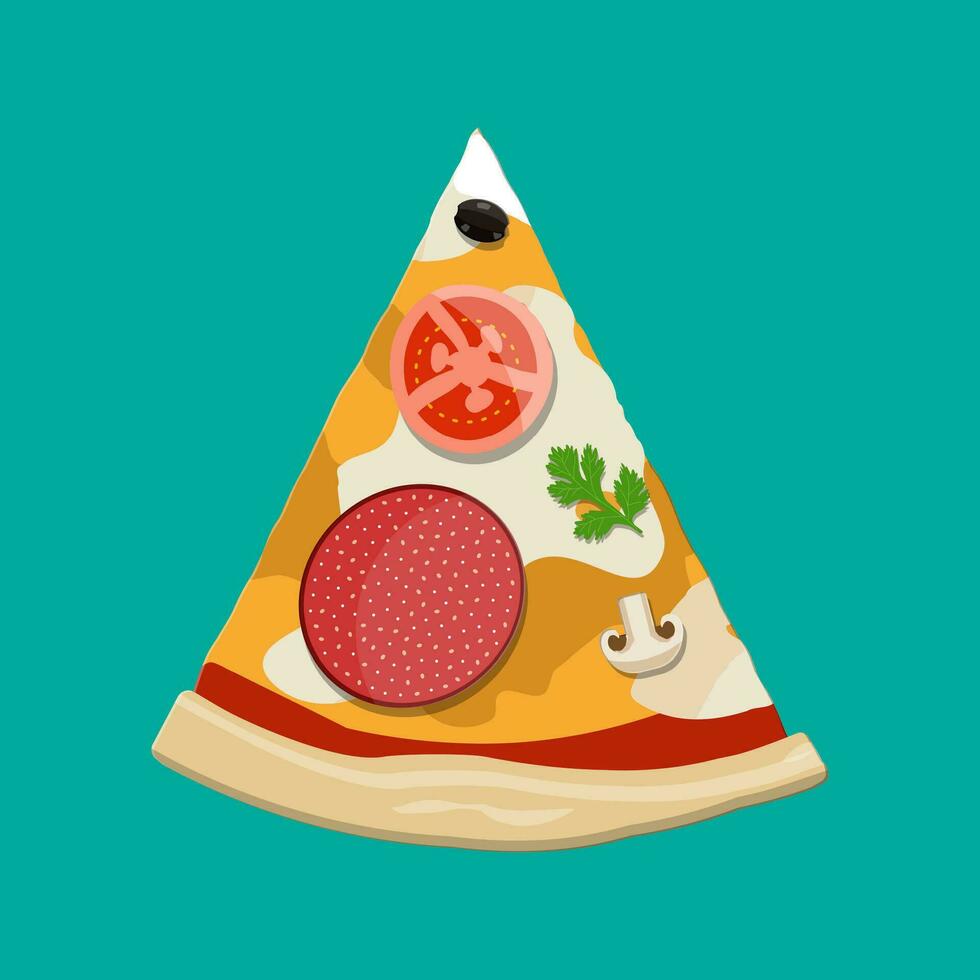 Pizza slice with pepperoni. Traditional fast food. Dough, cheese, salami, olive, tomato and vegetables. Vector illustration in flat style