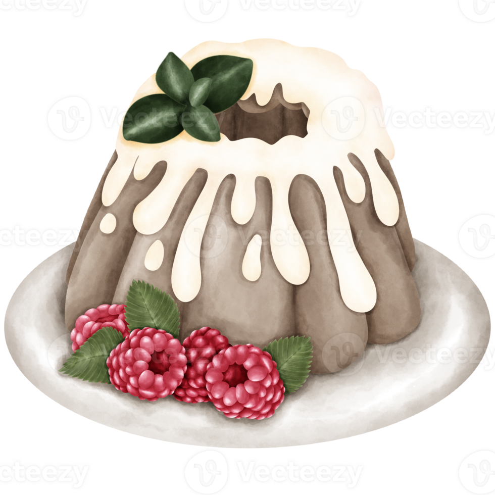 Illustration of a cake topped with white chocolate sauce and decorated with raspberries. png