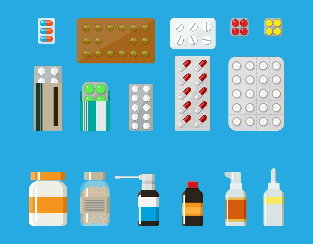 Medicine pills capsules and bottles isolated on blue background. Tablets in flat style. Medical icons set. vector illustration
