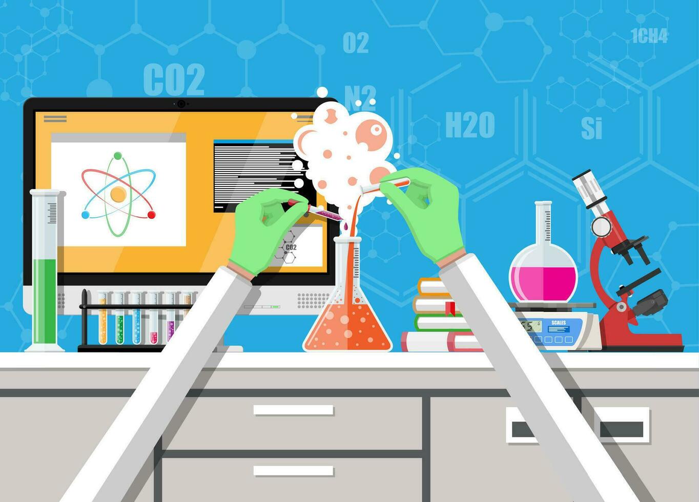 Laboratory equipment, jars, beakers, flasks, scales, microscope and pile of books. Computer with software. Biology science education medical. Vector illustration in flat style