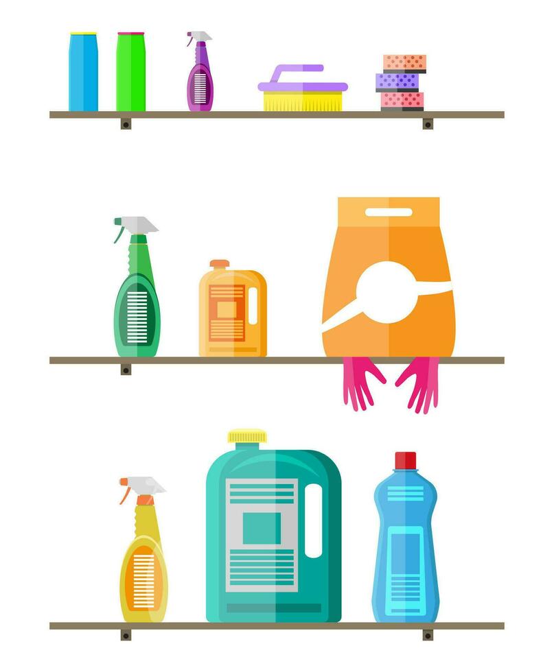 Household products on plastic shelves. cleaning products in bottles for floor and glass, rubber gloves, sponge, powder. vector illustration in flat style on white