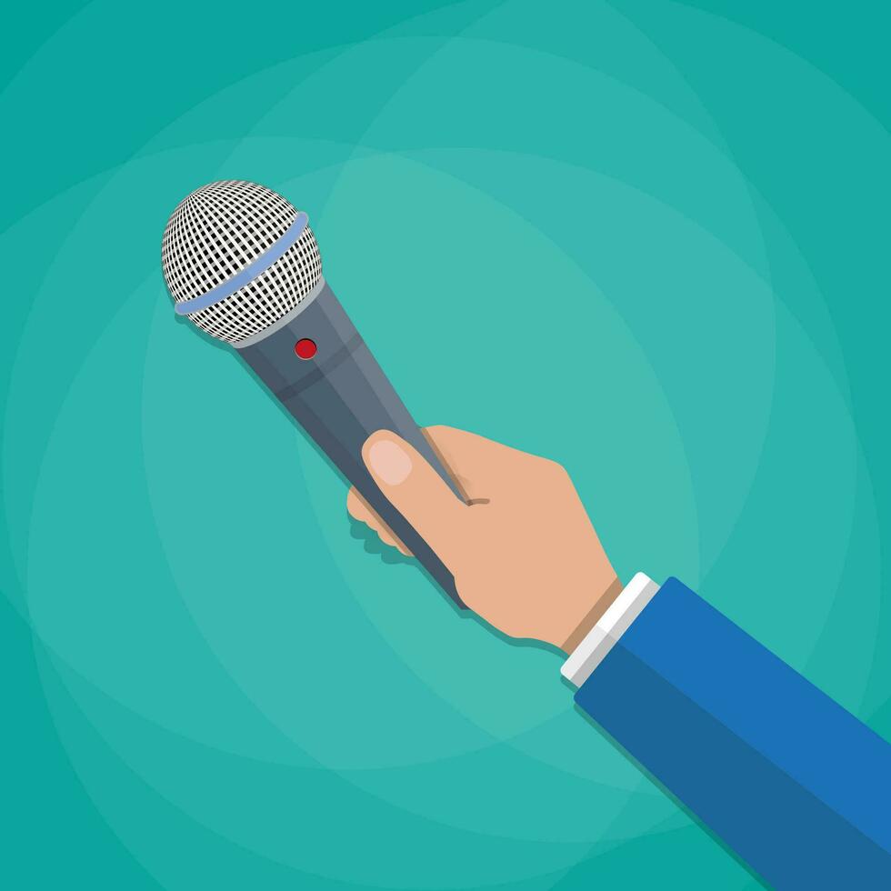 hand holding a microphone. journalims concept. vector illustration in flat design on green background