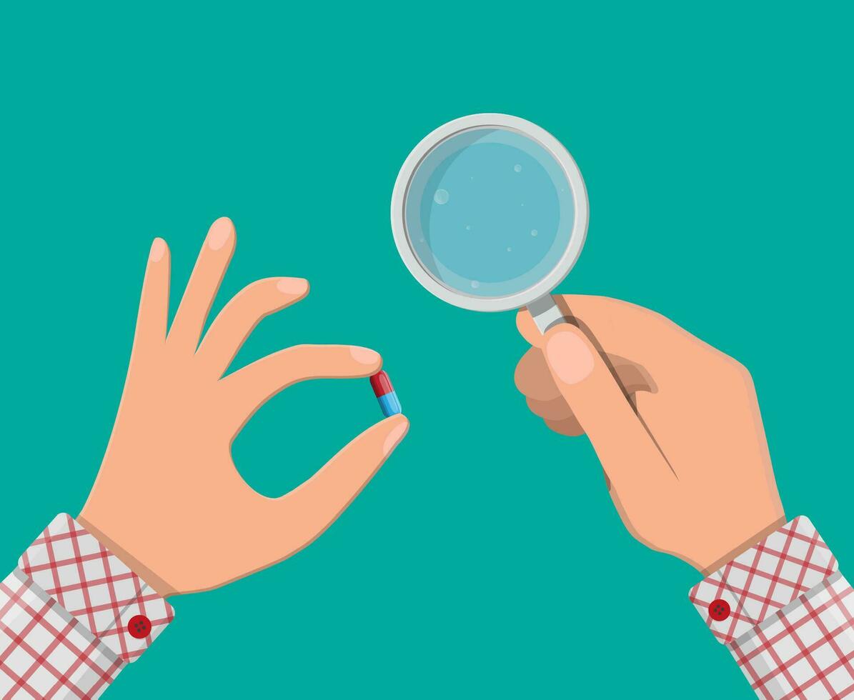 Glass of water and pills in hand. Taking medication concept. Medical drug, vitamin, antibiotic. Healthcare and pharmacy. Vector illustration in flat style