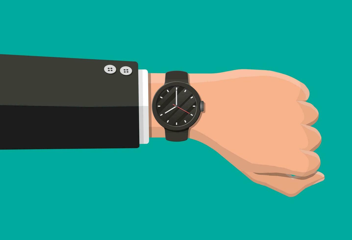 Wristwatch on hand. Man check the time. Time on wrist watch. Black clock with strap. Vector illustration in flat stile