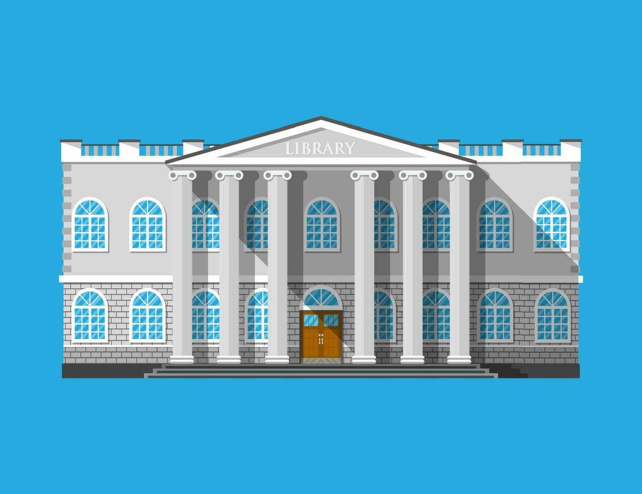 Library building. Book house isolated on blue. Construction with columns in ancient design. Vector illustration in flat style