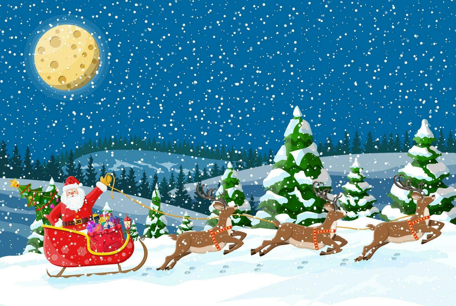 Navidad antecedentes. Papa Noel claus paseos reno trineo. noche invierno paisaje con abeto arboles bosque, Luna llena y nevando nuevo año celebracion. nuevo año Navidad día festivo. vector ilustración plano estilo