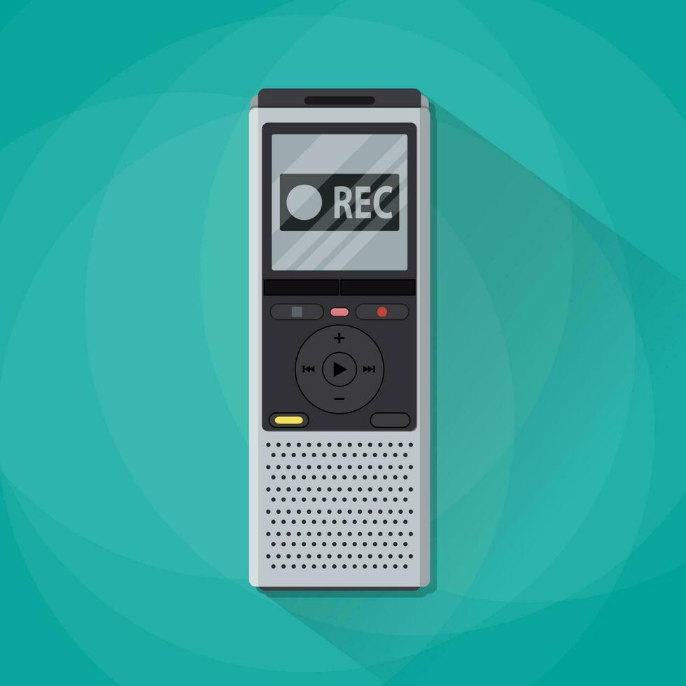 Dictaphone icon. Recorder icon. voice recorder. Journalist electronic equipment. vector illustration in flat design isolated on green background with long shadow