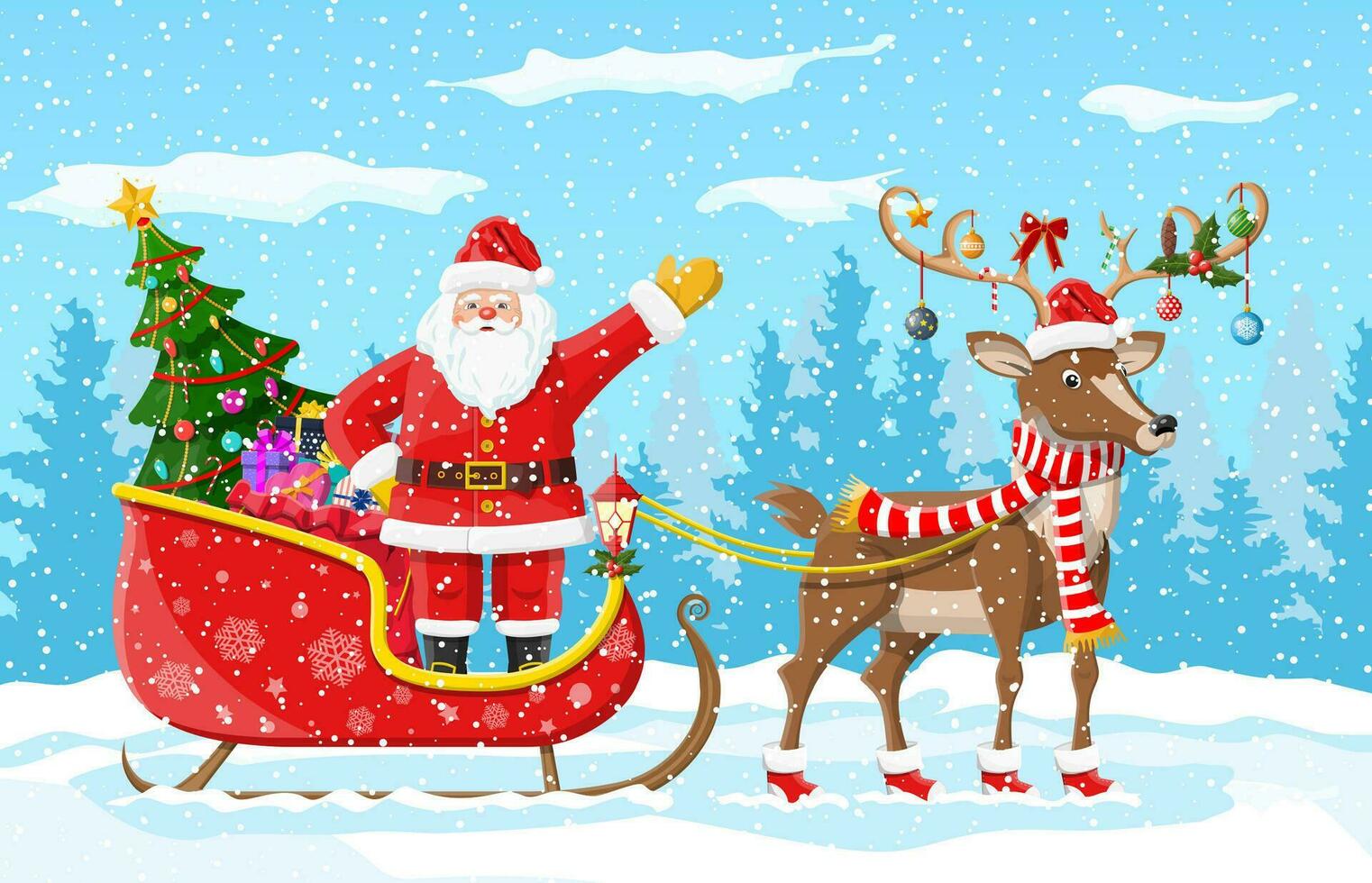 Christmas tree, santa claus with reindeer and sleigh. Winter landscape with fir trees forest and snowing. Happy new year celebration. New year xmas holiday. Vector illustration flat style