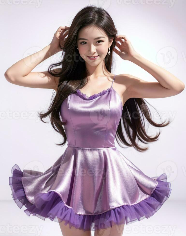 AI generated Beautiful woman in purple dress on white background in casino studio photo
