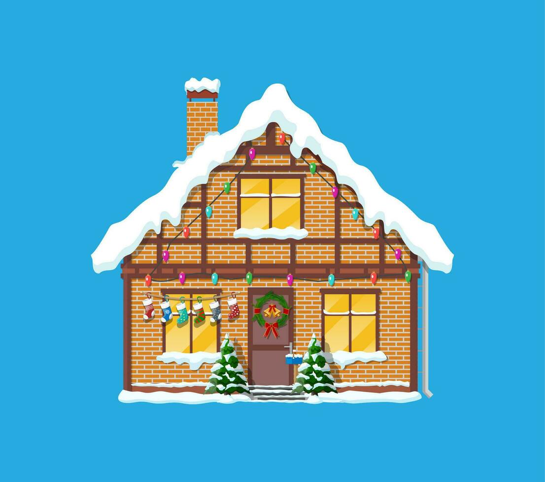 Suburban house covered snow. Building in holiday ornament. Christmas tree spruce, wreath. Happy new year decoration. Merry christmas holiday. New year and xmas celebration. Vector illustration