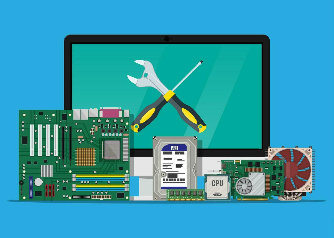 Computer monitor, motherboard, hard drive, cpu, fan, graphic card, memory, screwdriver and wrench. Assembling PC repair and service. Personal computer hardware. Vector illustration in flat style