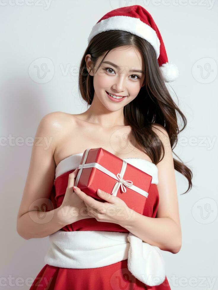 AI generated Santa women cute girl holding a gift on a white background AI generated photo