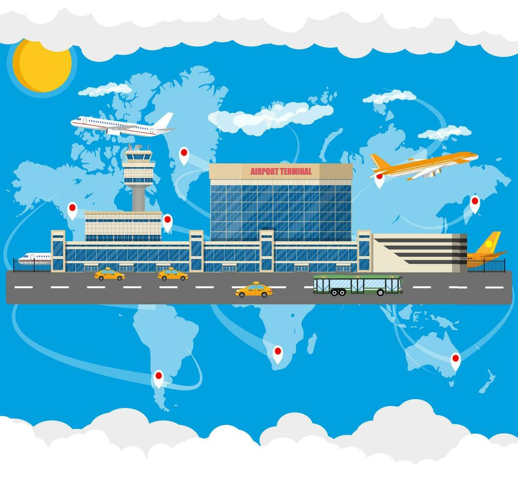 International airport concept. World map in clouds, sun. Airport terminal with road, taxi cab, bus and aircraft. Vector illustration in flat style