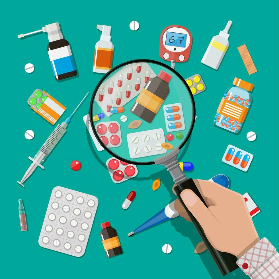 Medicine pills capsules and bottles and healthcare devices. Hand with magnifying glass. Tablets in flat style. Medical icons set. Vector illustration