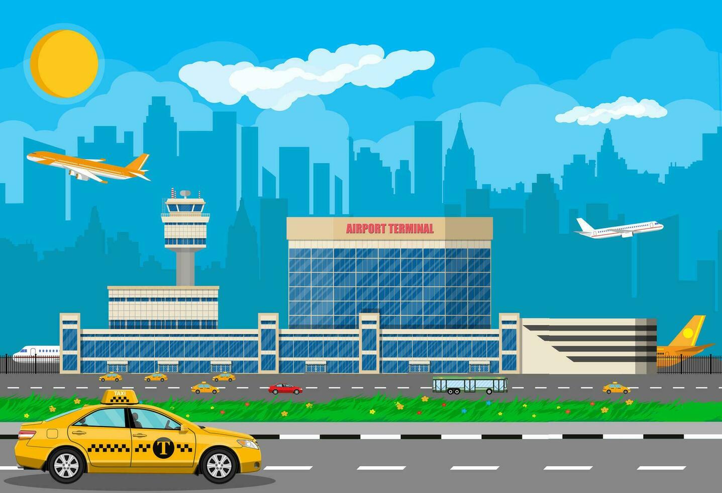 International airport concept. Sky with clouds and sun. Airport terminal with road, taxi cab, bus and aircraft. Cityscape. Vector illustration in flat style