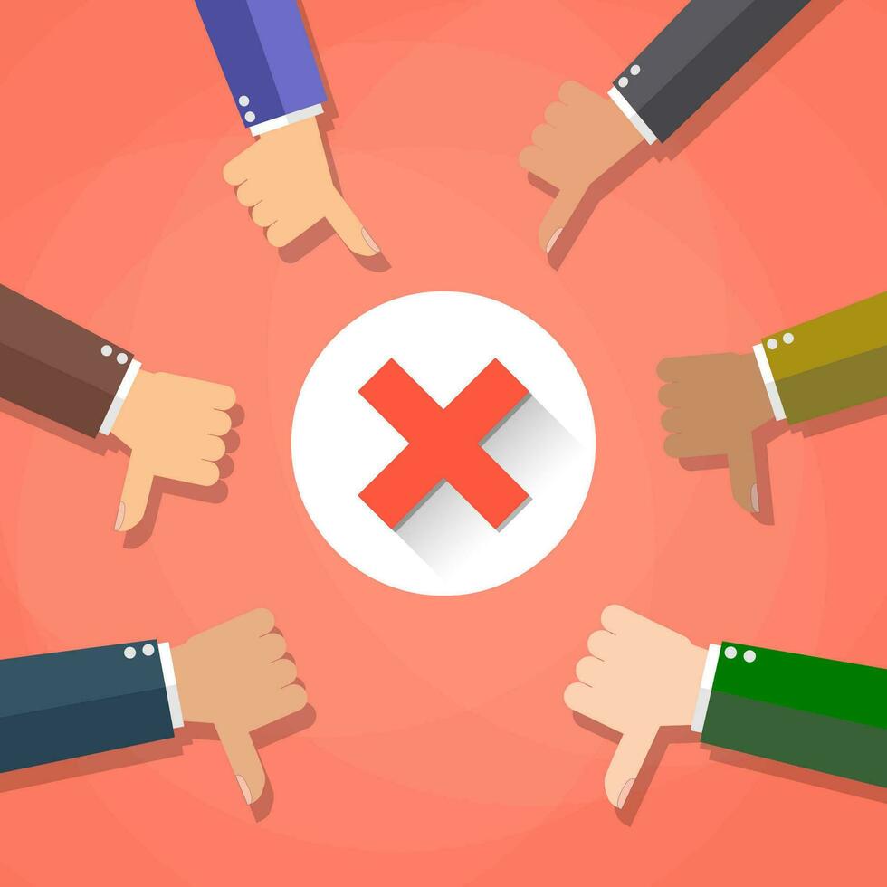 Six cartoon Businessmans hands hold thumbs down. negative checkmark in center. vector illustration in flat design on red background.