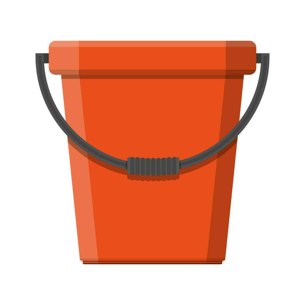 Red plastic bucket with handle. House cleaning equipment. Household accessories. Vector illustration in flat style