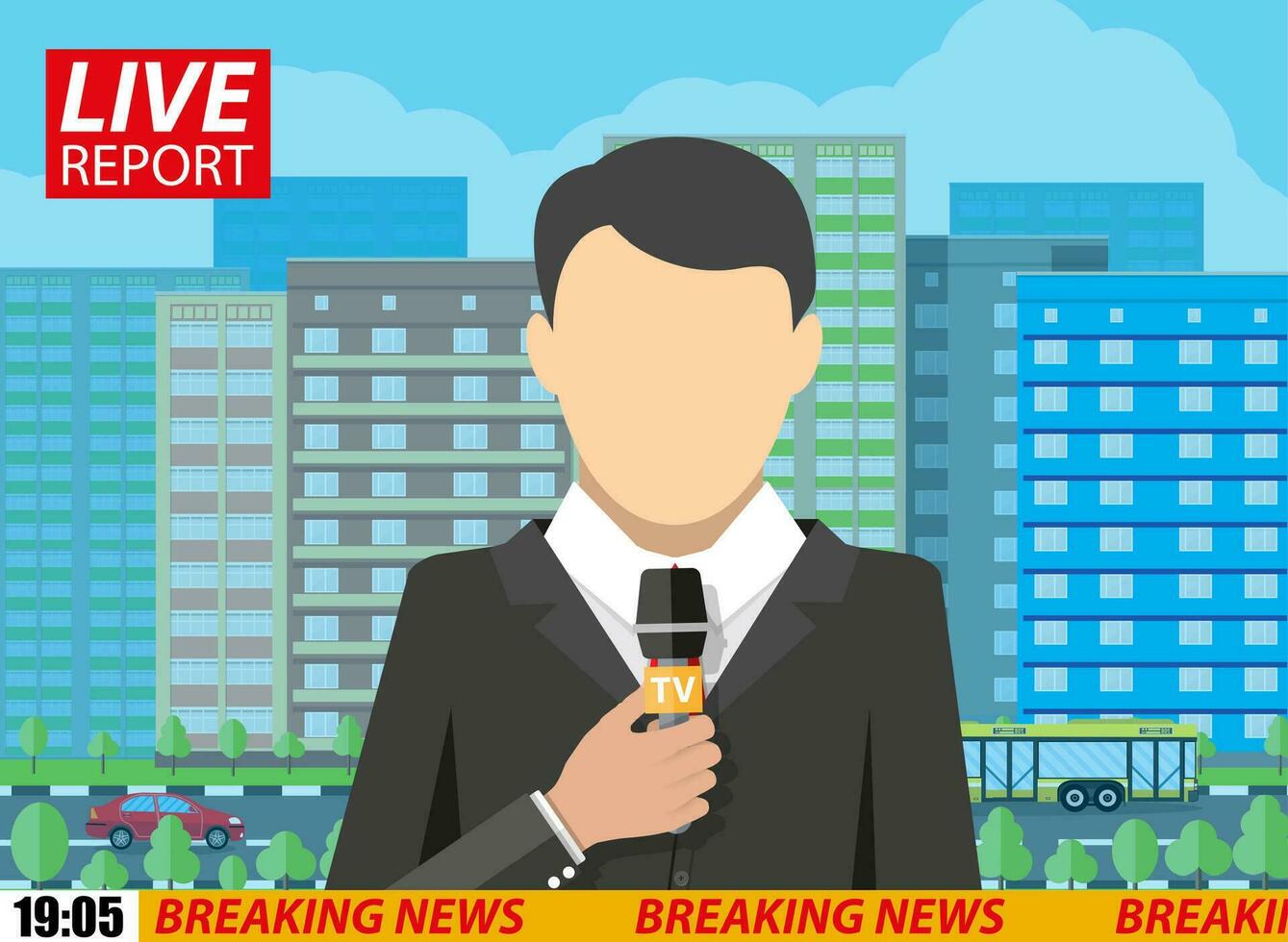 News reporter men with microphone on street with roads, buildings, car and trees. breaking news. television. press. vector illustration in flat style