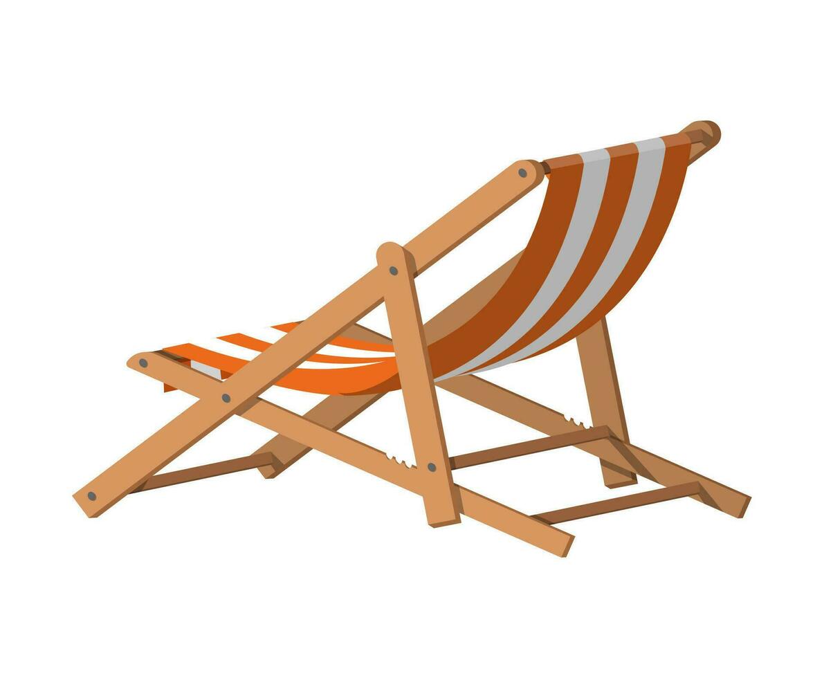 Wooden chaise lounge. Sun lounger, deckchair, sunbed, beach chair. Vector illustration in flat style