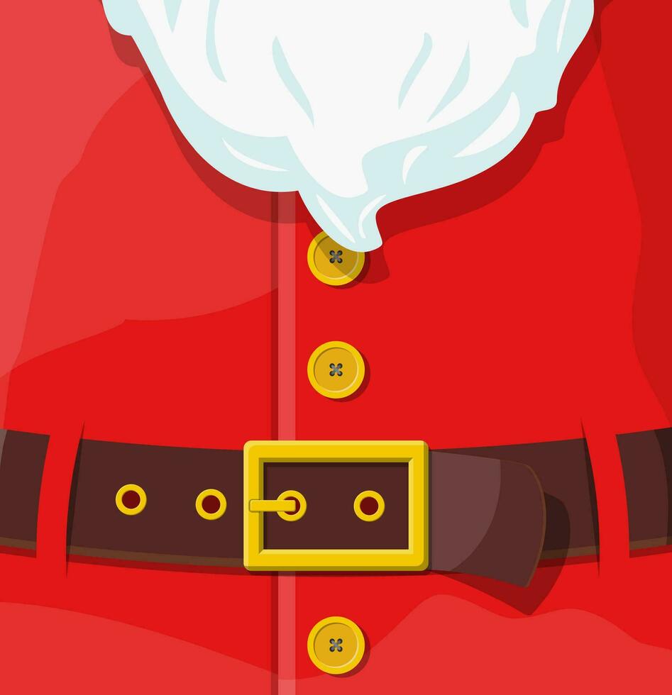 Red santa claus suit. Leather belt with gold buckle, white beard with buttons. Happy new year decoration. Merry christmas holiday. New year and xmas celebration. Vector illustration in flat style