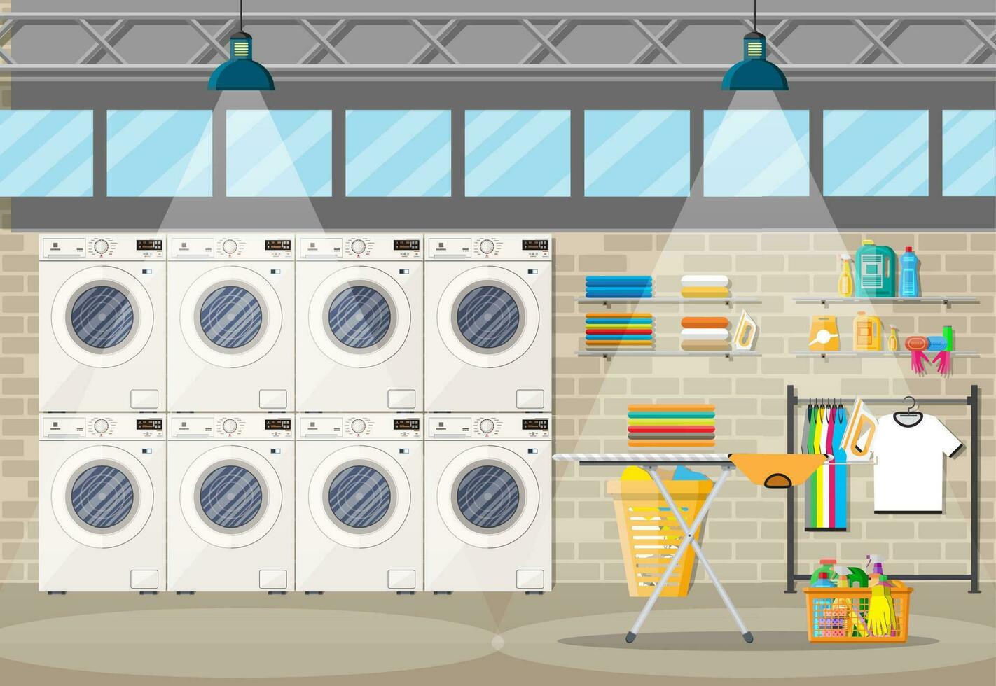 lavandería habitación interior con Lavado máquina, planchado junta, hierro, ropa estante, casa química limpieza, Lavado polvo y cesta. ladrillo muro, ventanas y lámpara. vector ilustración en plano estilo