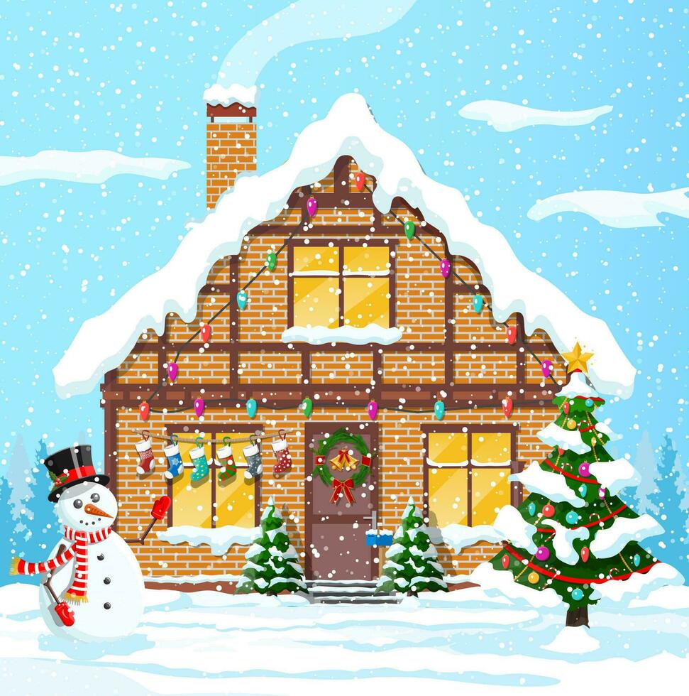 Suburban houses covered snow. Building in holiday ornament. Christmas landscape tree spruce, snowman. Happy new year decoration. Merry christmas holiday. New year xmas celebration. Vector illustration