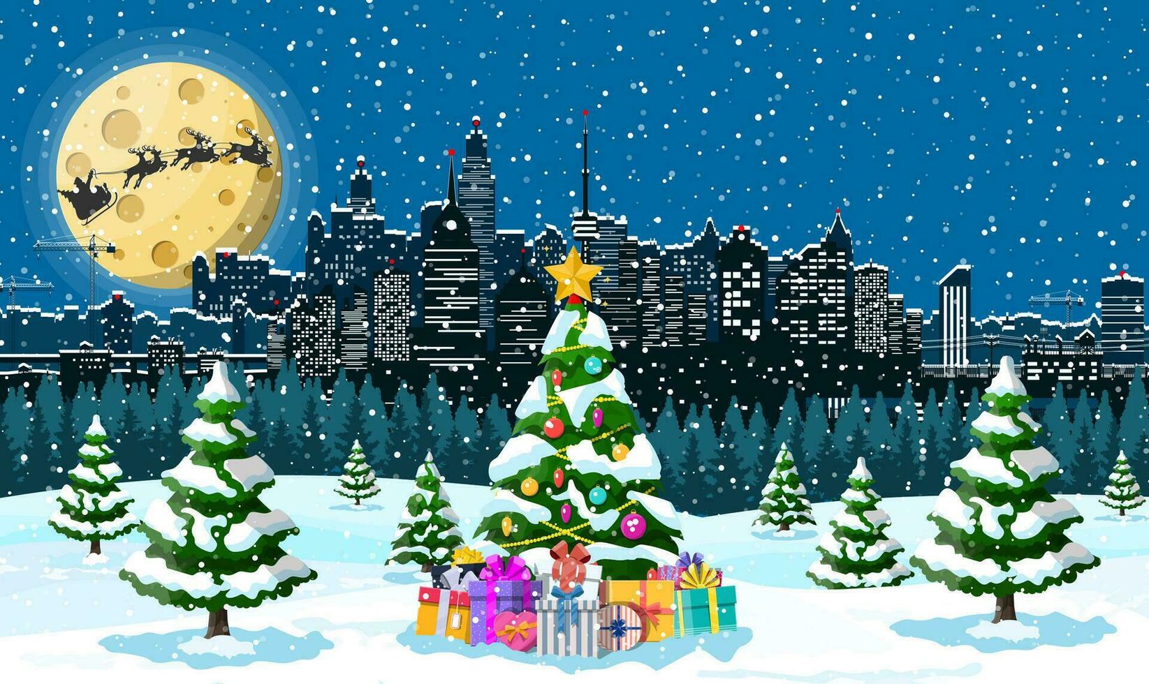 Santa claus rides reindeer sleigh. Christmas winter cityscape, snowflakes and trees. Happy new year decoration. Merry christmas holiday. New year and xmas celebration. Vector illustration flat style