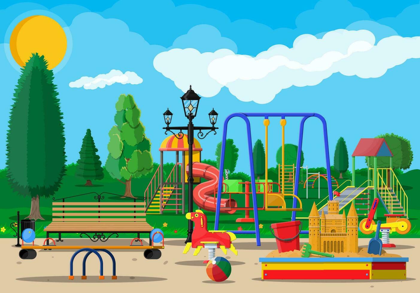 Kids playground kindergarten panorama. Urban child amusement. Slide ladder, rocking toy on spring, slide tube, swing carousel balancer, sandbox bucket rake castle scoop. Vector illustration flat style