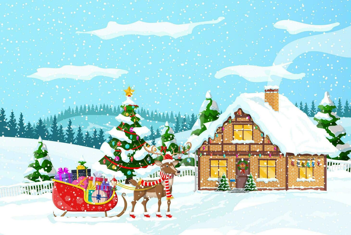 suburbano casa cubierto nieve. edificio en fiesta ornamento. Navidad paisaje árbol, Papa Noel trineo renos nuevo año decoración. alegre Navidad fiesta Navidad celebracion. vector ilustración