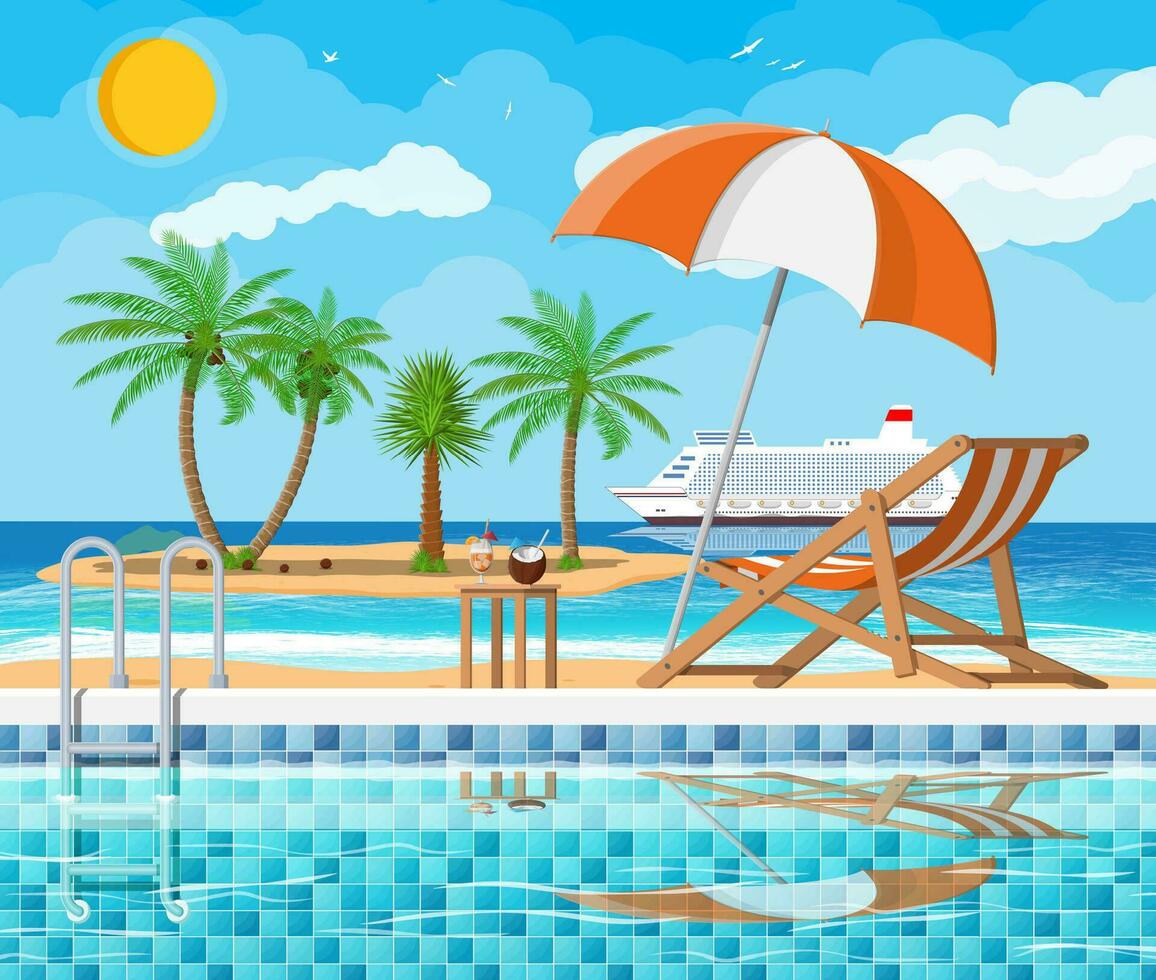 Swimming pool and ladder. Umbrella, wooden lounger. Table with coconut and cocktail. Island, palm tree, cruise ship. Sky, clouds, sun. Vacation and holiday concept. Vector illustration in flat style