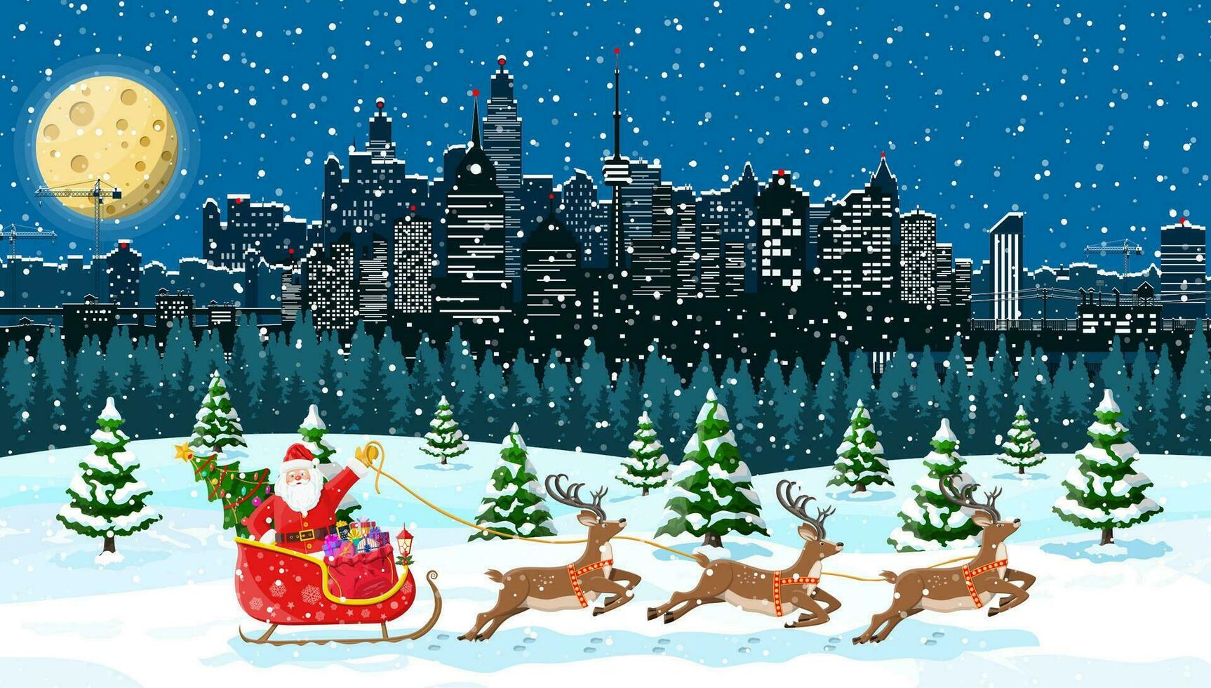 Papa Noel claus paseos reno trineo. Navidad invierno paisaje urbano, copos de nieve y arboles contento nuevo año decoración. alegre Navidad día festivo. nuevo año y Navidad celebracion. vector ilustración plano estilo