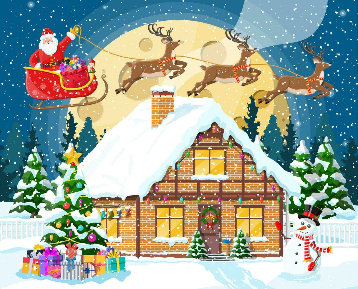 Suburban house covered snow. Building in holiday ornament. Christmas landscape tree, snowman, santa sleigh reindeers. New year decoration. Merry christmas holiday xmas celebration. Vector illustration