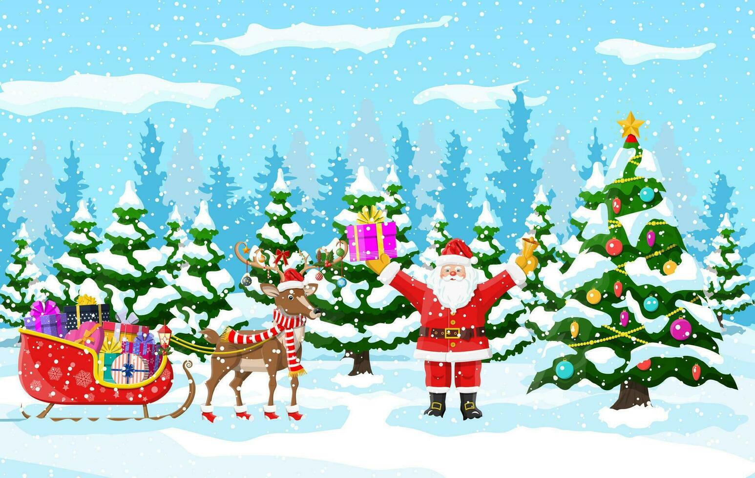 Christmas tree, santa claus with reindeer and sleigh. Winter landscape with fir trees forest and snowing. Happy new year celebration. New year xmas holiday. Vector illustration flat style