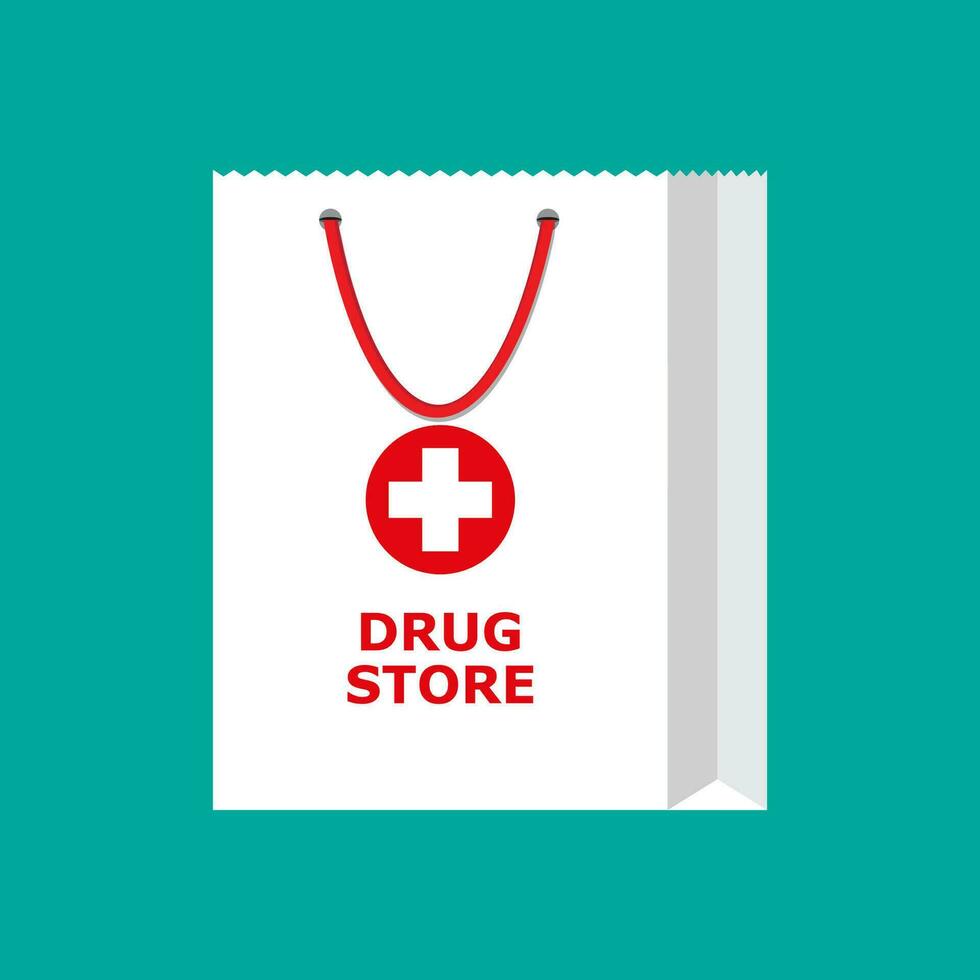 White shopping bag for medical pills and bottles, healthcare and shopping, pharmacy, drug store. Vector illustration in flat style