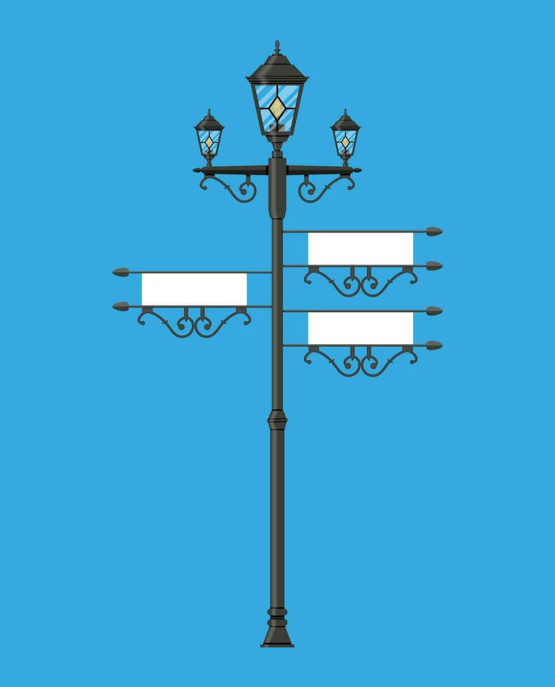 Wrought iron street lamp with empty sign. Vector illustration in flat style