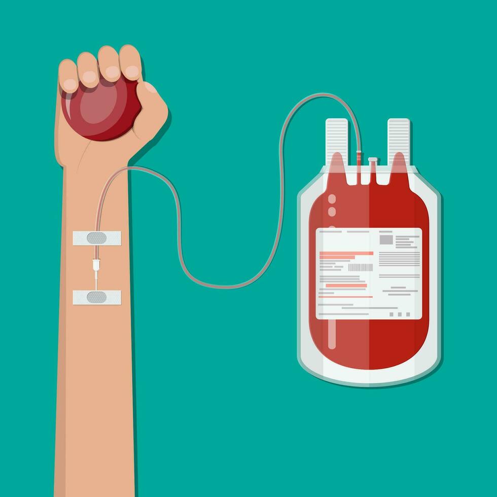 Blood bag and hand of donor with ball. Blood donation day concept. Human donates blood. Vector illustration in flat style.