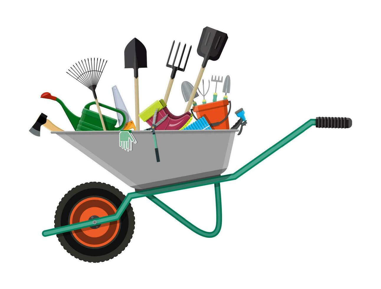 Gardening tools set in wheelbarrow. Equipment for garden. Saw bucket ax wheelbarrow hose rake can shovel secateurs gloves boots. Vector illustration in flat style