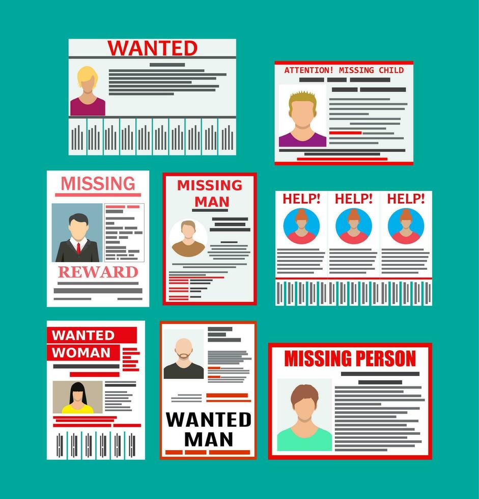 Wanted person paper poster. Missing announce. Information tear off papers. Search for lost person in big city. Vector illustration in flat style