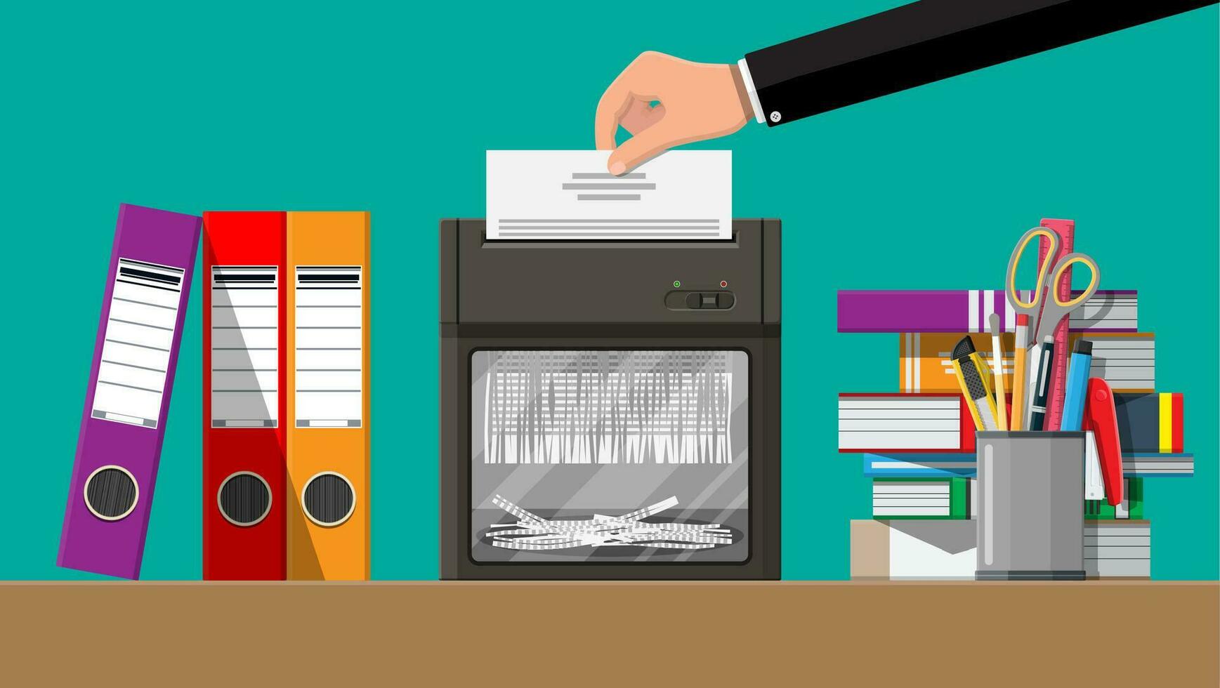 Hand putting document paper in shredder machine. Torn to shreds document. Contract termination concept. Table with books, stationery, ring binder. Vector illustration in flat design
