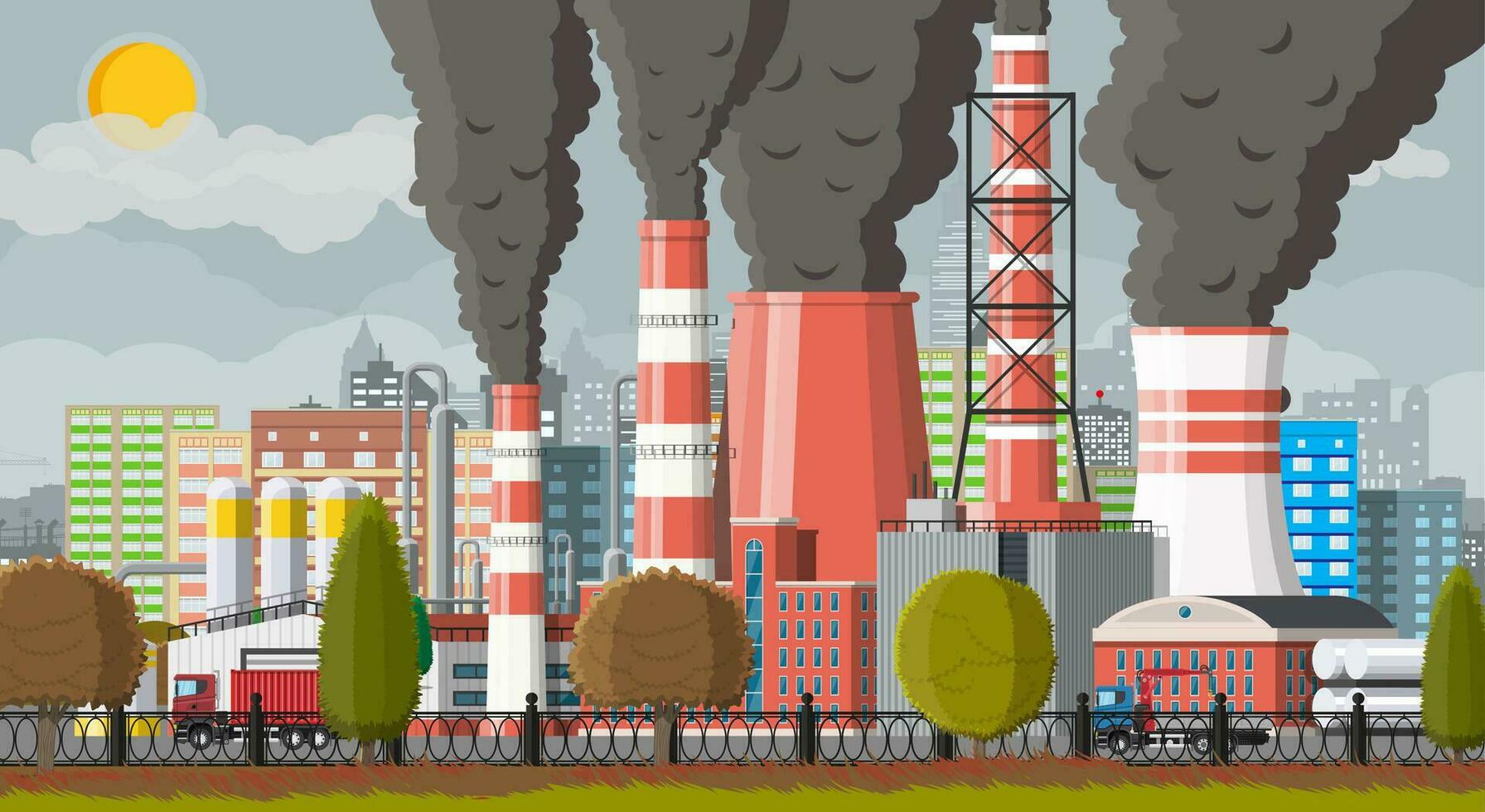 Plant smoking pipes. Smog in city. Trash emission from factory. Grey sky polluted trees grass. Cityscape skyline, urban. Environmental pollution ecology nature. Vector illustration flat style