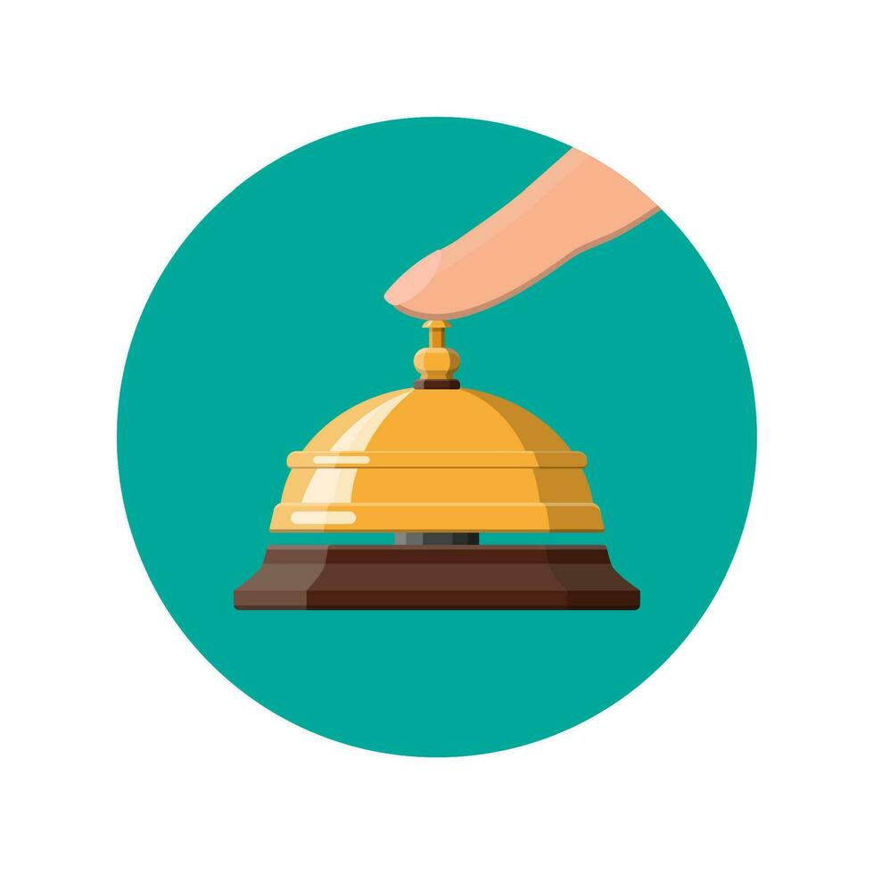 Golden service bell and hand. Help, alarm and support concept. Hotel, hospital, reception, lobby and concierge. Vector illustration in flat style