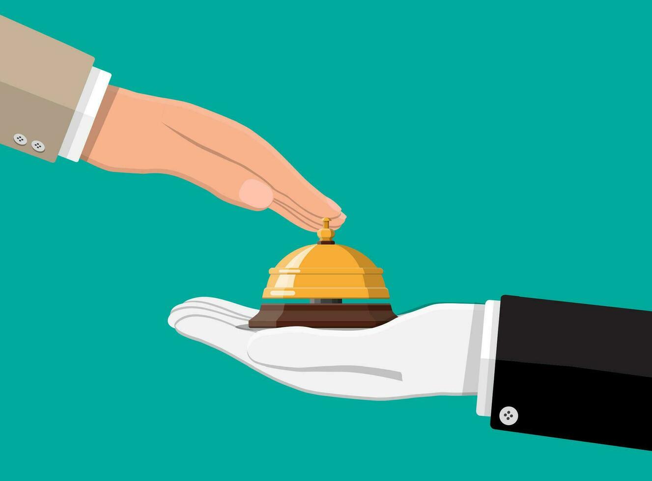 Golden service bell in hand. Help, alarm and support concept. Hotel, hospital, reception, lobby and concierge. Vector illustration in flat style