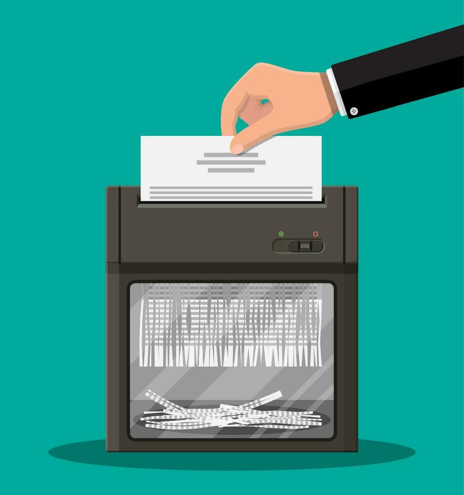 Shredder machine and hand with document paper. Office device for destruction of documents. Vector illustration in flat style