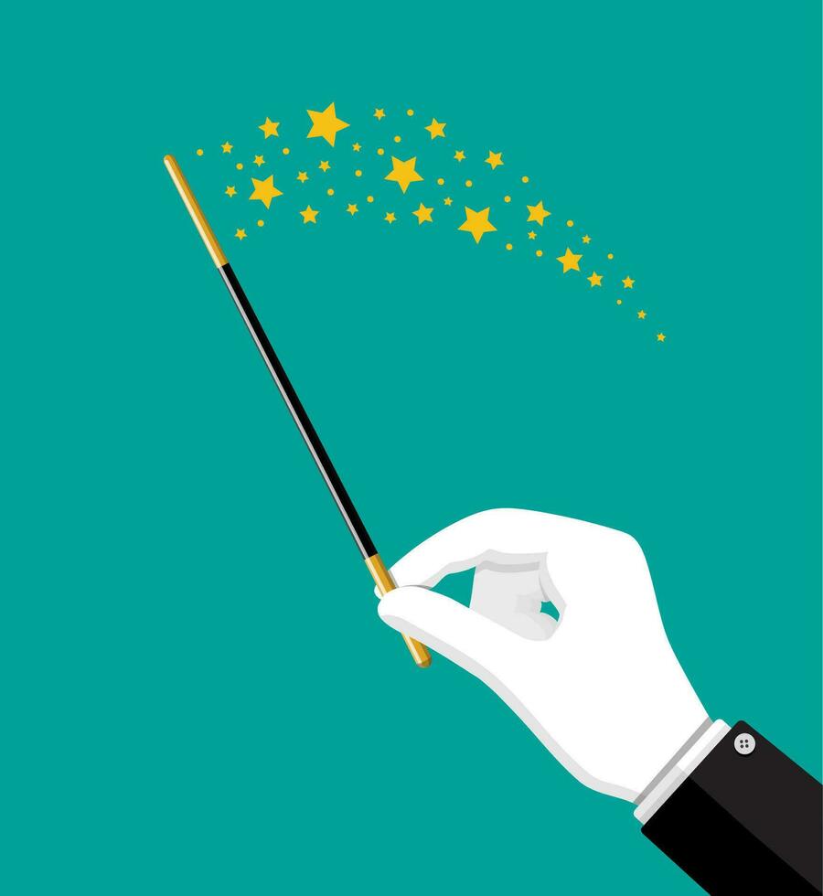 Illusionist magical stick with sparkle. Miracle wizard wand tool rod in hand. Circus, magical show, comedy. Vector illustration in flat style