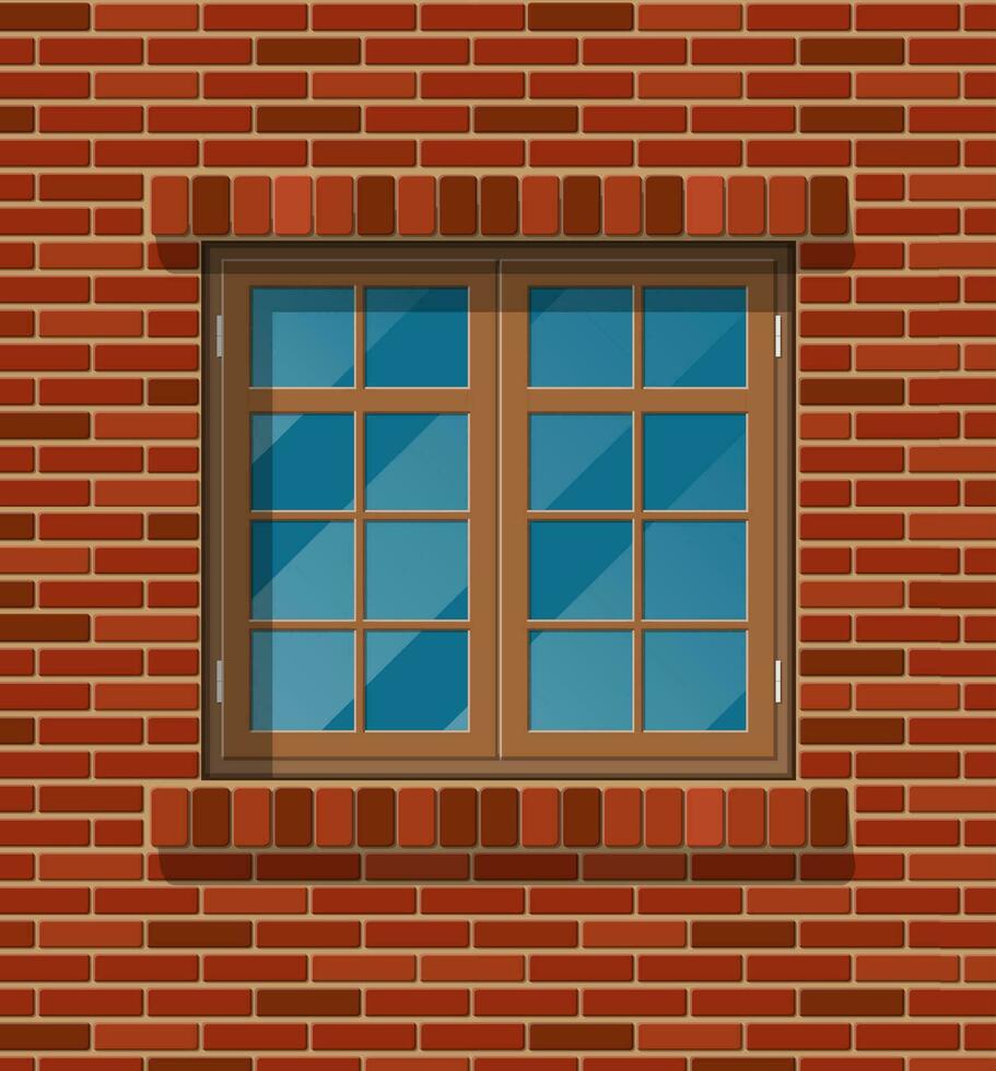 Building facade. Wooden classic window in brick wall. Architecture, building and construction. Vector illustration in flat style